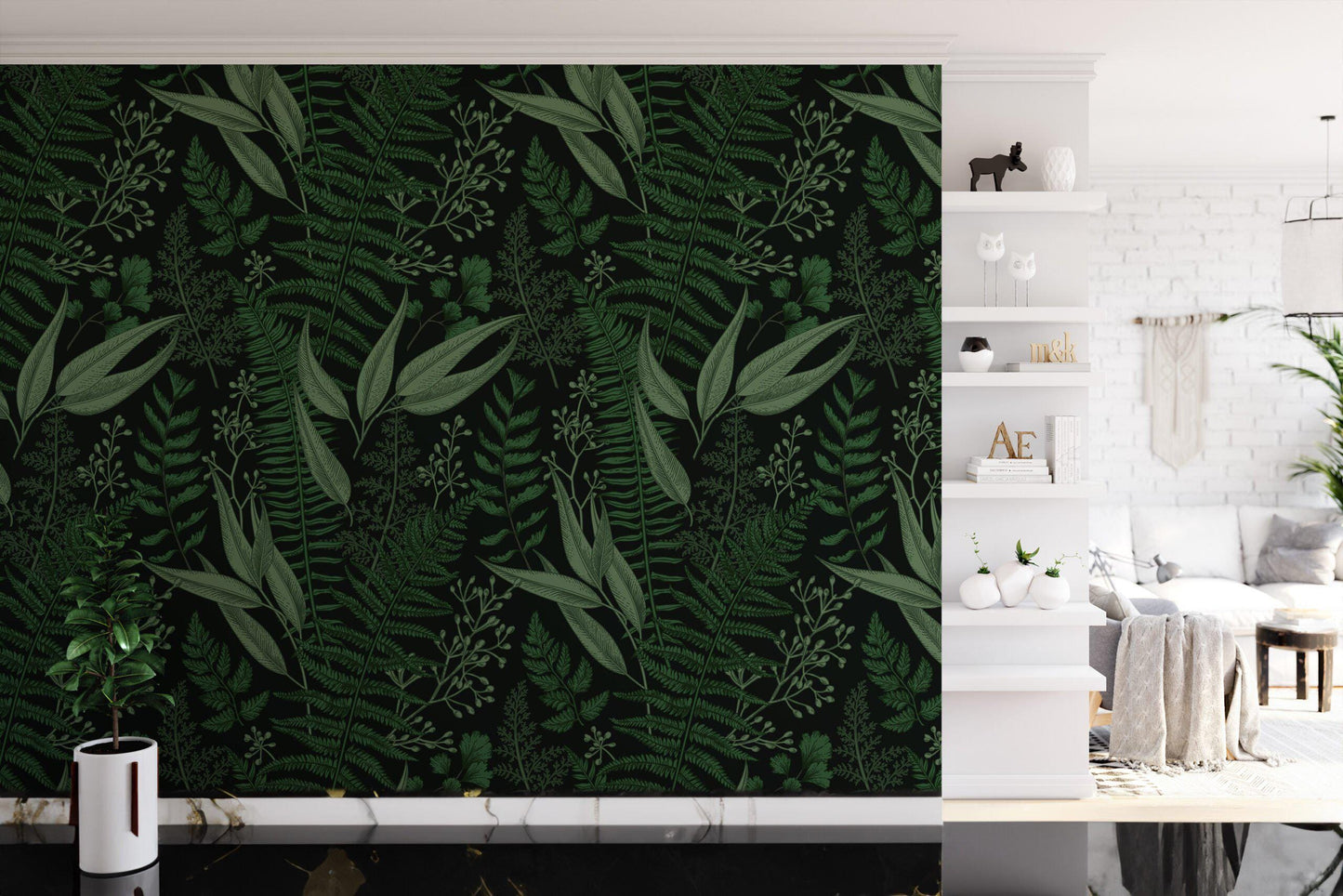 Dark Green Natural Leaves Wallpaper on Black Background, Mystical Forest Leaves Wall Poster  Illustration Botanical Garden Plants Wallpaper