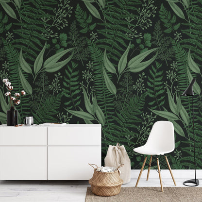 Dark Green Natural Leaves Wallpaper on Black Background, Mystical Forest Leaves Wall Poster  Illustration Botanical Garden Plants Wallpaper