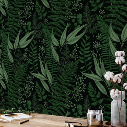 Dark Green Natural Leaves Wallpaper on Black Background, Mystical Forest Leaves Wall Poster  Illustration Botanical Garden Plants Wallpaper