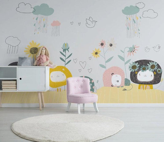 Cute little lambs Child Wallpaper, Drawing Animals Wallpaper, Cute Sheep 3D Kids Wall Poster, Sketch Baby Wallpaper, Wallpaper Nursery
