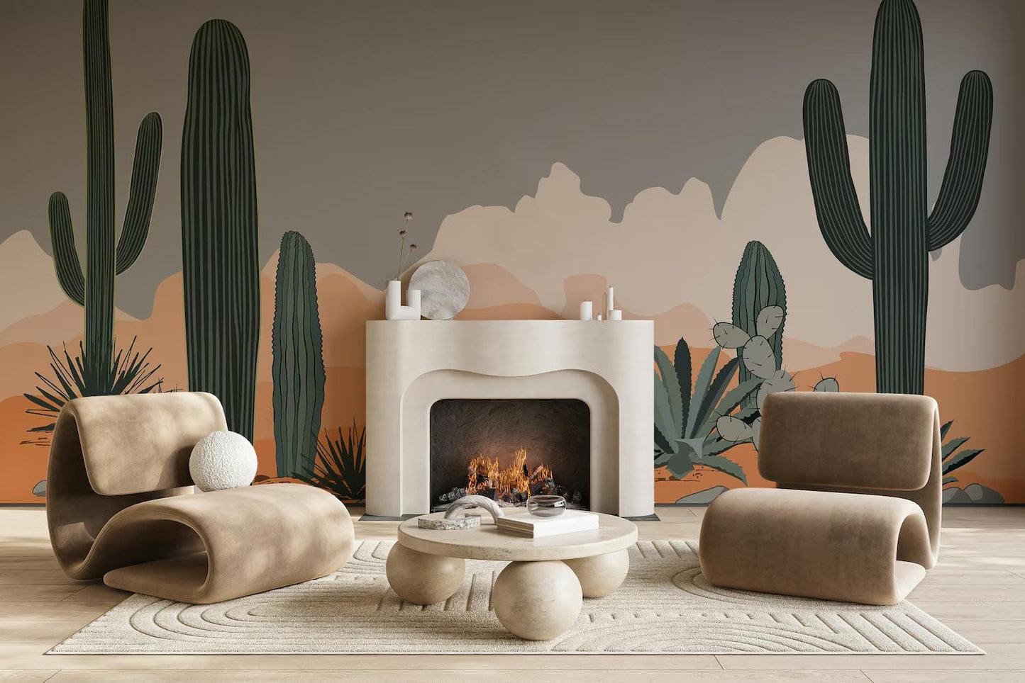 Cactuses in the Desert Wallpaper, Desert Sunset Illustration Wallpaper, Cactus Garden Wallpaper, Modern  Abstract Pattern Wallpaper