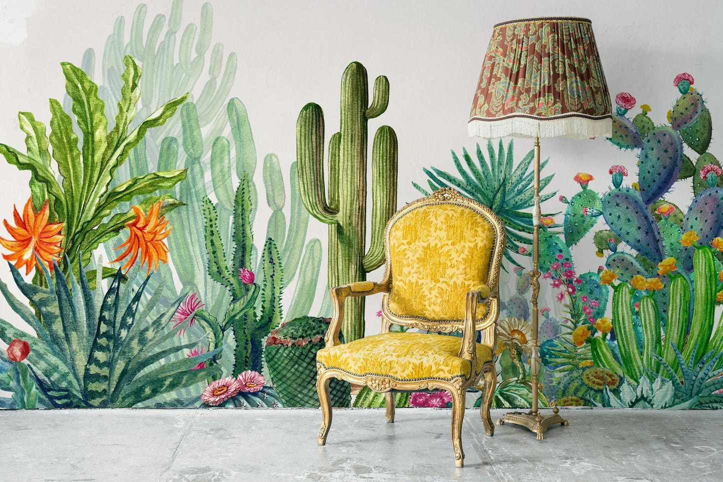 Cactus Flowers Wallpaper, Mediterranean Garden Illustration Wallpaper, Cactus Garden Wallpaper, Modern  Abstract Pattern Wallpaper