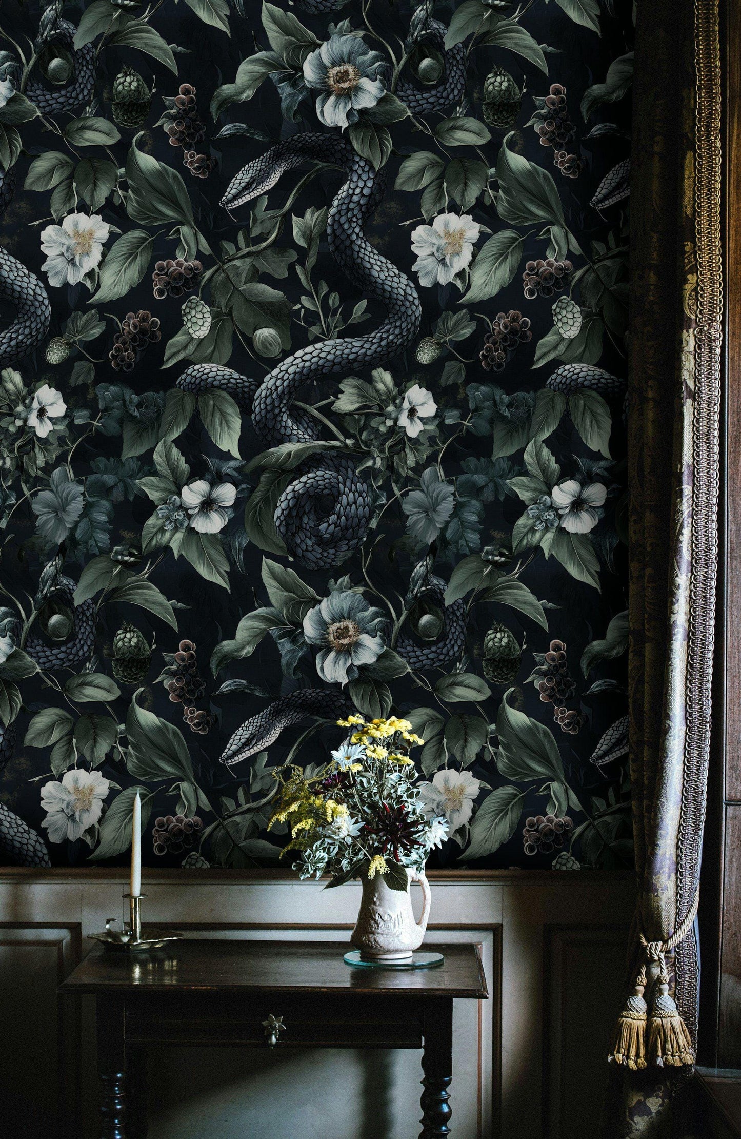 Dark Botanical wallpaper Secret Garden at Night, Snakes and Flowers, Exotic Plants, Black background Wallpaper, Leather Look Wallpaper