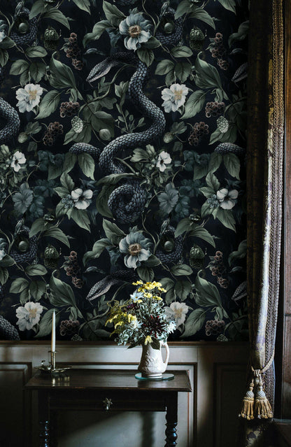 Dark Botanical wallpaper Secret Garden at Night, Snakes and Flowers, Exotic Plants, Black background Wallpaper, Leather Look Wallpaper