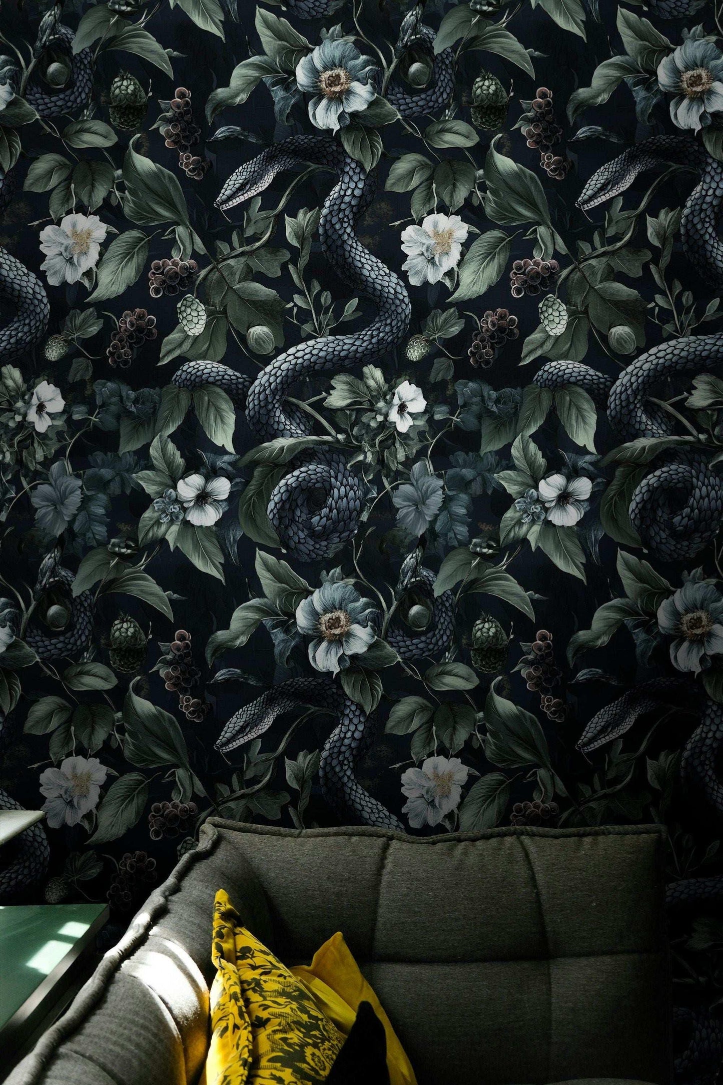 Dark Botanical wallpaper Secret Garden at Night, Snakes and Flowers, Exotic Plants, Black background Wallpaper, Leather Look Wallpaper