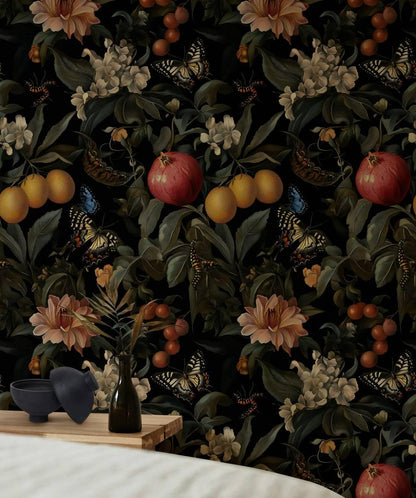Dark Botanical Symphony Wallpaper, Pomegranate Lemon Flowers Butterflies Mystic Wallpaper, Exotic Garden Wallpaper, Floral Wallpaper