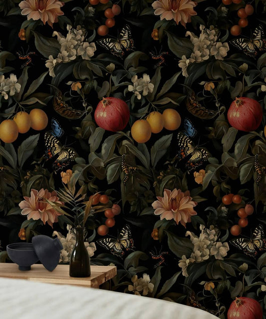 Dark Botanical Symphony Wallpaper, Pomegranate Lemon Flowers Butterflies Mystic Wallpaper, Exotic Garden Wallpaper, Floral Wallpaper