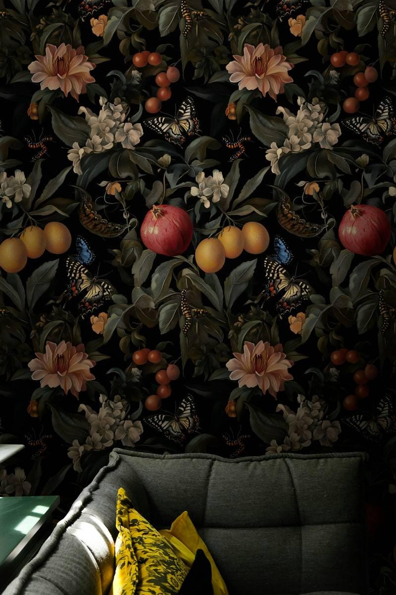 Dark Botanical Symphony Wallpaper, Pomegranate Lemon Flowers Butterflies Mystic Wallpaper, Exotic Garden Wallpaper, Floral Wallpaper
