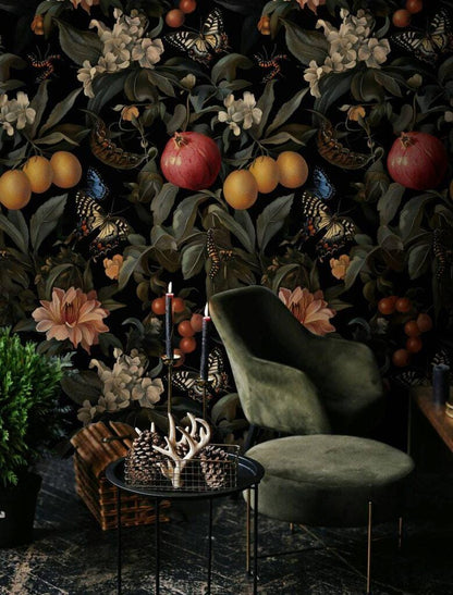 Dark Botanical Symphony Wallpaper, Pomegranate Lemon Flowers Butterflies Mystic Wallpaper, Exotic Garden Wallpaper, Floral Wallpaper