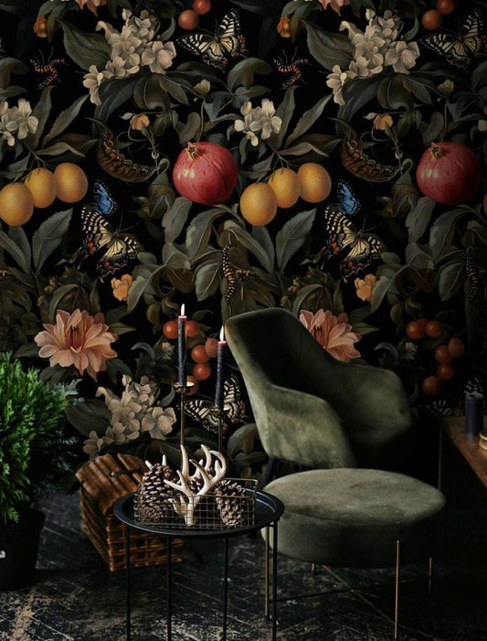 Dark Botanical Symphony Wallpaper, Pomegranate Lemon Flowers Butterflies Mystic Wallpaper, Exotic Garden Wallpaper, Floral Wallpaper