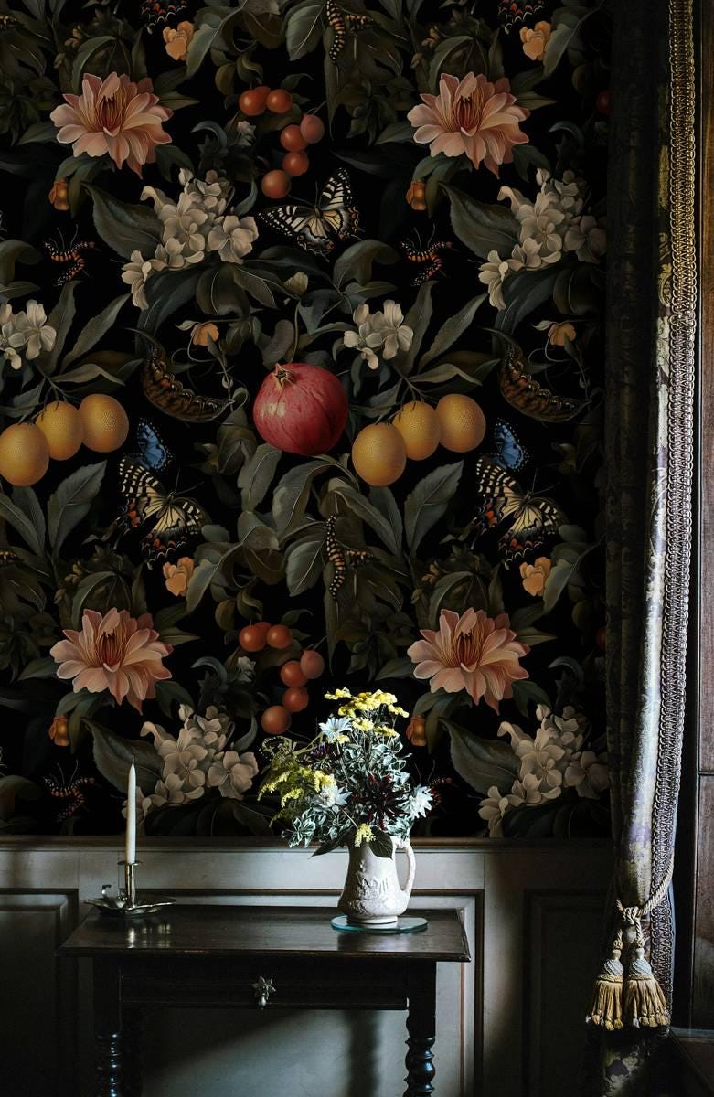 Dark Botanical Symphony Wallpaper, Pomegranate Lemon Flowers Butterflies Mystic Wallpaper, Exotic Garden Wallpaper, Floral Wallpaper