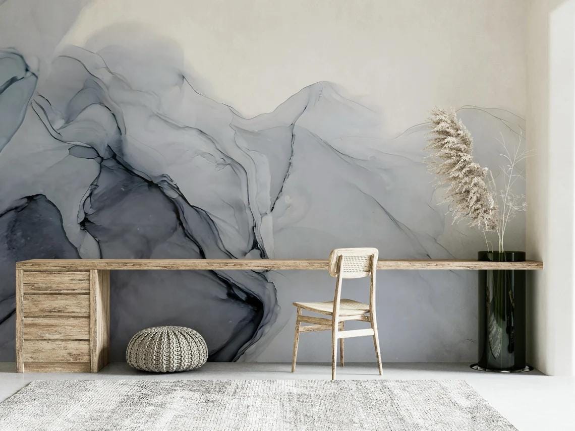 Black Gray Ink Effect Marble Pattern Wallpaper, Peel and Stick Wallpaper, Stylish Room Design, Modern Wallpaper, Abstract Wall Poster