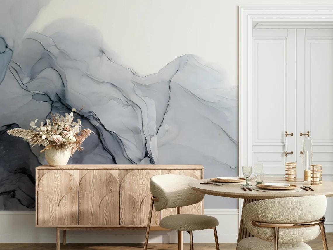 Black Gray Ink Effect Marble Pattern Wallpaper, Peel and Stick Wallpaper, Stylish Room Design, Modern Wallpaper, Abstract Wall Poster
