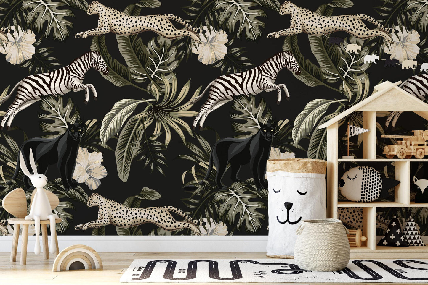 Black Panter Zebra and Leopard with Exotic Flowers in Dark Jungle Wallpaper, Black Tropical Animal Wallpaper, Botanical wallpaper