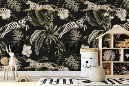 Black Panter Zebra and Leopard with Exotic Flowers in Dark Jungle Wallpaper, Black Tropical Animal Wallpaper, Botanical wallpaper
