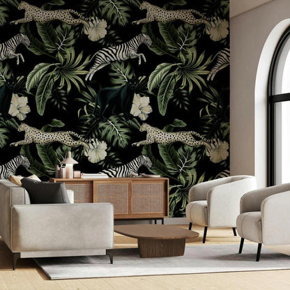 Black Panter Zebra and Leopard with Exotic Flowers in Dark Jungle Wallpaper, Black Tropical Animal Wallpaper, Botanical wallpaper