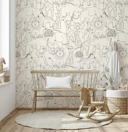 Line Art Sketch Animals Kids Wallpaper, Cute Baby Room Wallpaper, Funny Kids Room Wall Poster, Drawwing Wallpaper Nursery, School Wallpaper