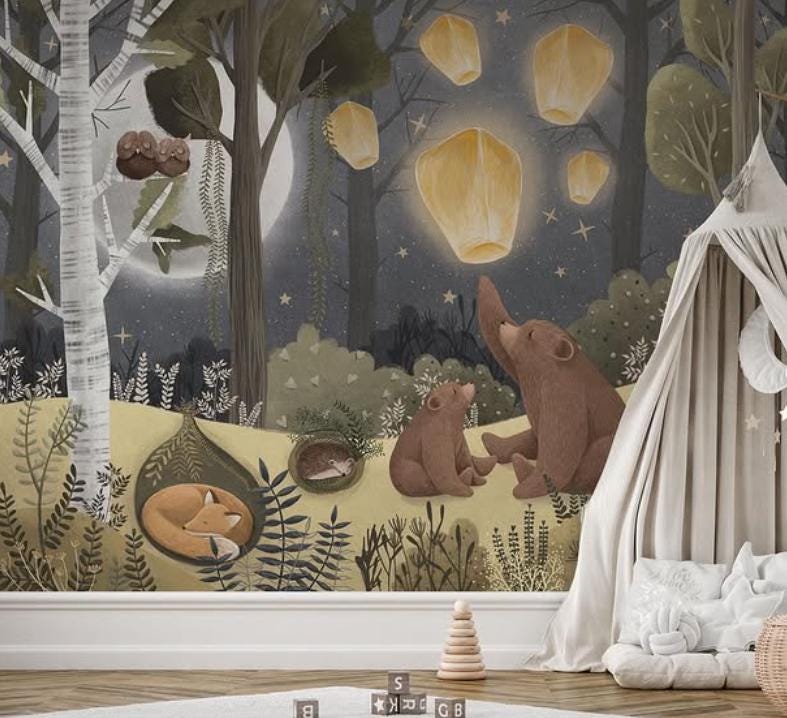 Night in the forest Fairy Tale Children's Room Wallpaper, Watercolor Wallpaper Nursery, School Mural, Cute Bears and Animals Baby Wallpaper