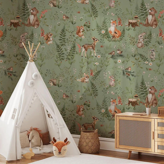 Bambi Rabbits Bear and Squirrels in Green Forest Wallpaper for Kids Room, Animals Wallpaper Nursery, Watercolor Trees Kids Wallpaper