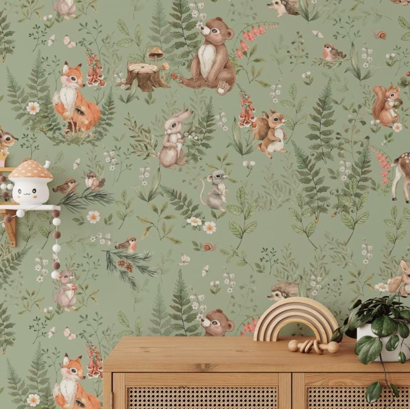 Bambi Rabbits Bear and Squirrels in Green Forest Wallpaper for Kids Room, Animals Wallpaper Nursery, Watercolor Trees Kids Wallpaper