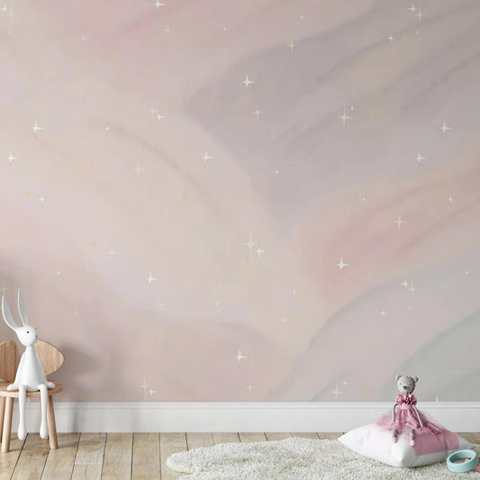 Watercolor Pink Sparkle Wallpaper, Baby Girl Wallpaper, Sky Wall Poster, Pink Cloud Background Baby Room Wallpaper, Wallpaper Nursery