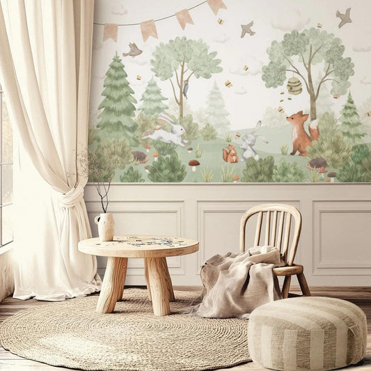 Bees Rabbits Fox Butterfly and Birds in Green Forest Wallpaper for Kids Room, Animals Wallpaper Nursery, Watercolor Trees Kids Wallpaper