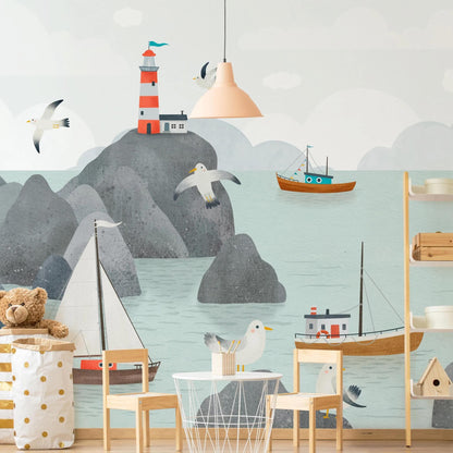 Seagulls and Lighthouse Kids Wallpaper, Seaside Wallpaper For Kidsroom, Sea Wallpaper Nursery, Boats Childrens Wallpaper, Marin Wall Poster