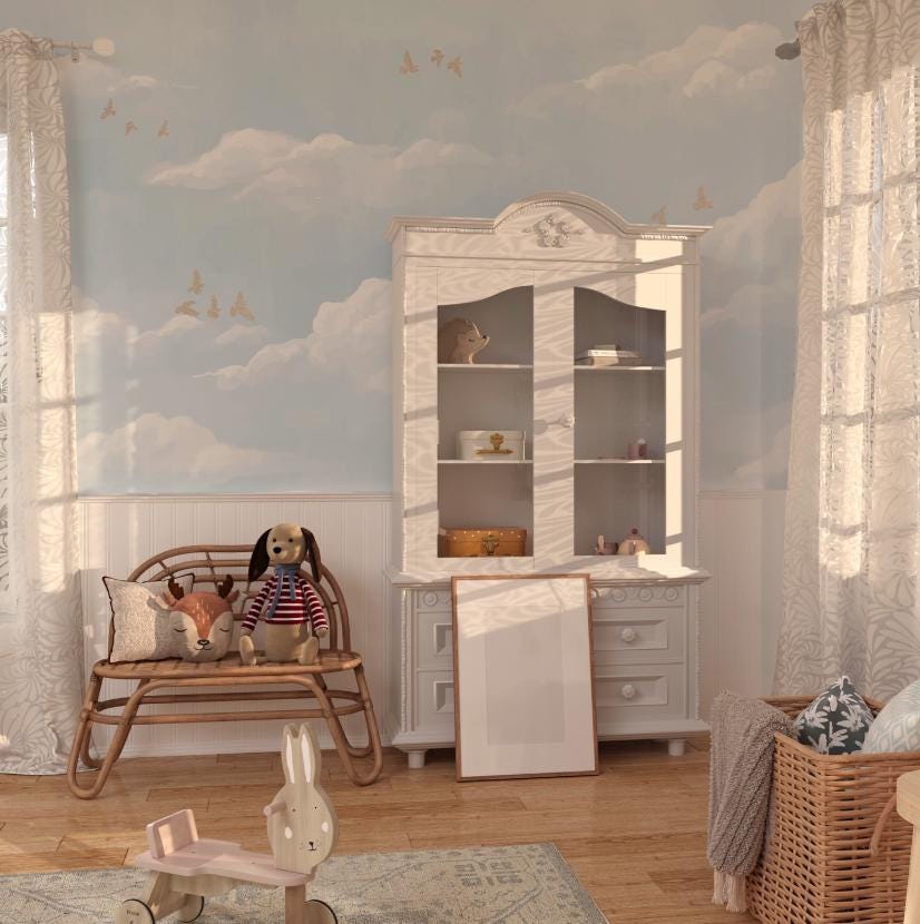 Blue Sky Wallpaper, Blue Cloud Wall Poster, Soft Blue Background Baby Room Wallpaper, Illustration Wallpaper Nursery, Baby Boy Wall Mural
