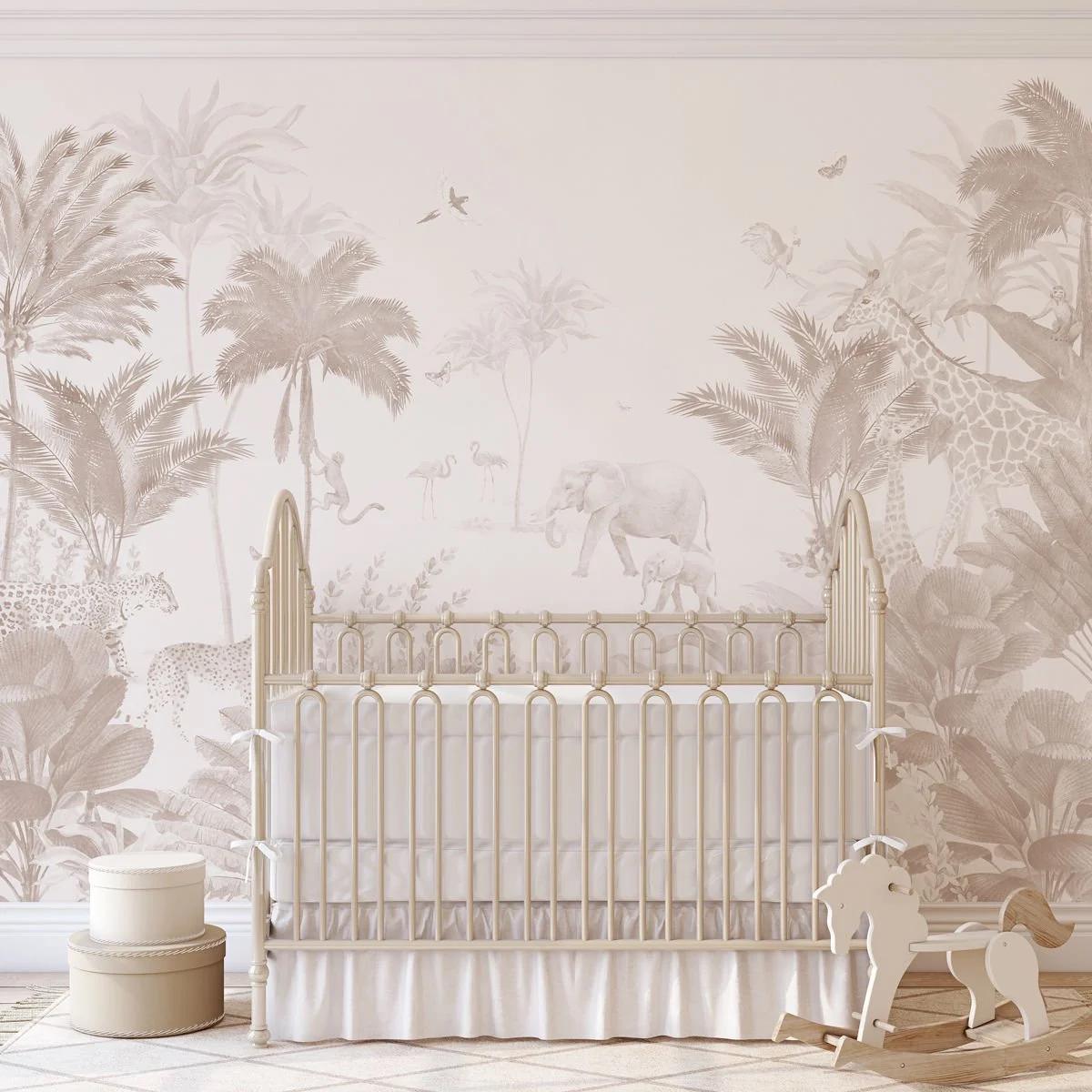 Monochrome Jungle Kidsroom Wall Poster, Soft Tones Animals Kids Wallpaper, Cute Baby Wallpaper, Drawwing Wallpaper Nursery, School Wallpaper