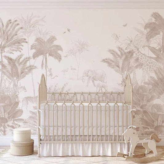 Monochrome Jungle Kidsroom Wall Poster, Soft Tones Animals Kids Wallpaper, Cute Baby Wallpaper, Drawwing Wallpaper Nursery, School Wallpaper