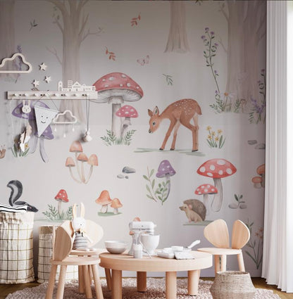 Nature Park Animals Wallpaper for Kidsroom, Gazelle Birds and Mushrooms Kids Wallpaper, Baby Wallpaper, Fairytale Forest Wallpaper Nursery