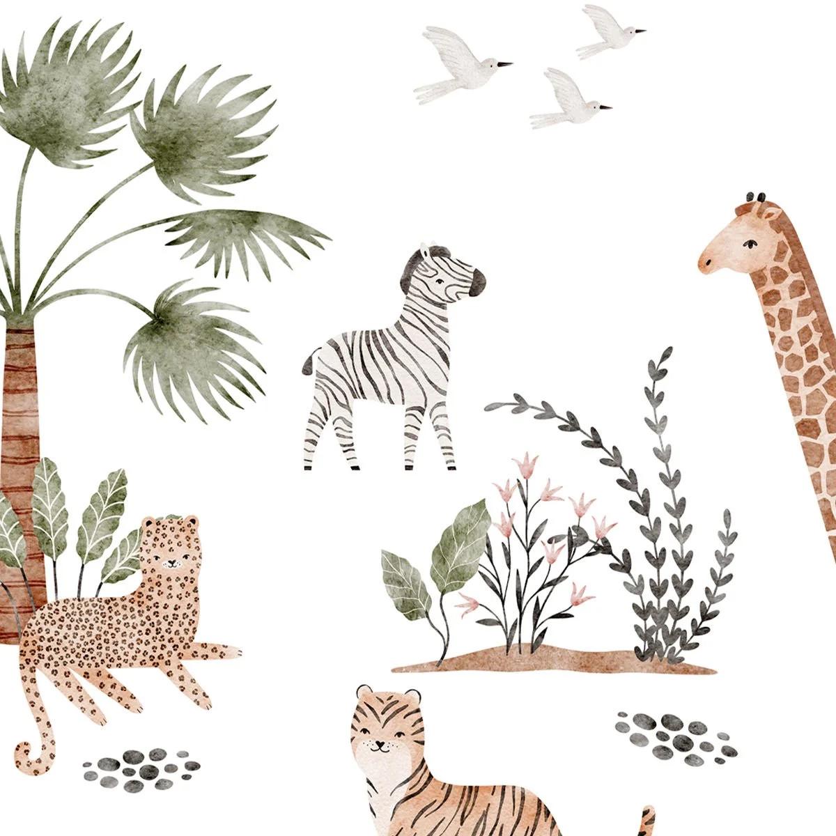 Cute Safari Animals Kids Wallpaper, Elephant Giraffe Zebra Tiger Wallpaper for Kidsroom, Child Wallpaper, Tropical Jungle Wallpaper Nursery