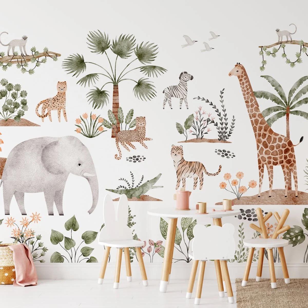 Cute Safari Animals Kids Wallpaper, Elephant Giraffe Zebra Tiger Wallpaper for Kidsroom, Child Wallpaper, Tropical Jungle Wallpaper Nursery