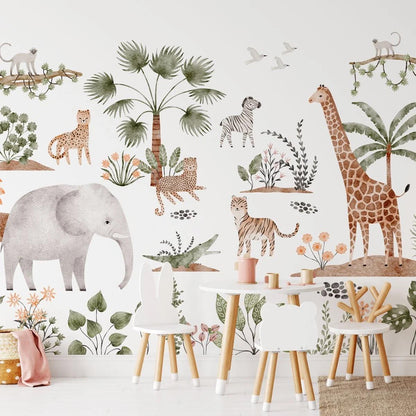 Cute Safari Animals Kids Wallpaper, Elephant Giraffe Zebra Tiger Wallpaper for Kidsroom, Child Wallpaper, Tropical Jungle Wallpaper Nursery