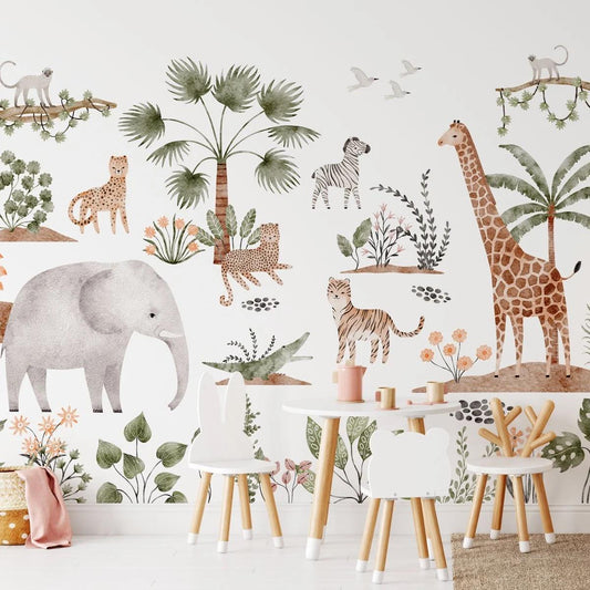 Cute Safari Animals Kids Wallpaper, Elephant Giraffe Zebra Tiger Wallpaper for Kidsroom, Child Wallpaper, Tropical Jungle Wallpaper Nursery