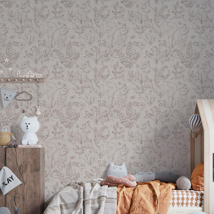 Squirrel Forest Wallpaper for Kids Room, Animals Wallpaper Nursery, Sketch Kids Wallpaper, Beige Baby Wall Poster, Vintage Baby Room Mural
