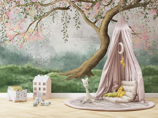 Tree with Pink Flowers Baby Girl Wallpaper, Wallpaper Nursery, Nature Kids Poster, Soft Pink Baby Room Mural, Watercolor Wallpaper Nursery