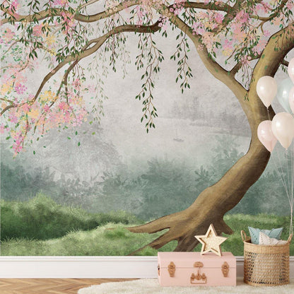 Tree with Pink Flowers Baby Girl Wallpaper, Wallpaper Nursery, Nature Kids Poster, Soft Pink Baby Room Mural, Watercolor Wallpaper Nursery