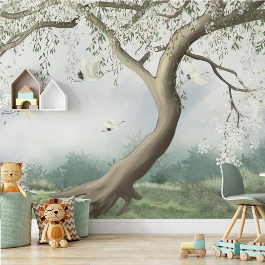 Tree with White Flowers Baby Girl Wallpaper, Wallpaper Nursery, Nature Kids Poster, Soft White Baby Room Mural, Watercolor Wallpaper Nursery