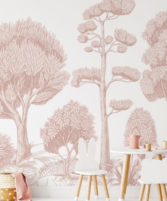 Pink Linear Trees Forest Wallpaper, Wallpaper Nursery, Nature Kids Wallpaper, Forest Child Wallpaper, Drawwing Art Wallpaper,Baby Girl Mural