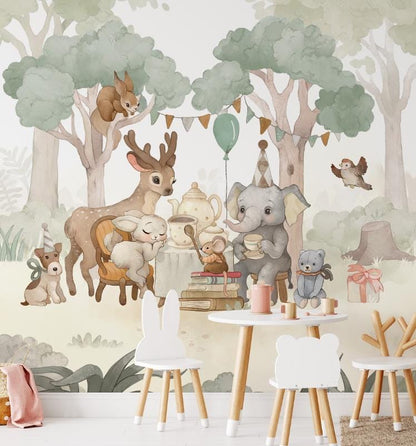 Birthday Party in the Forest Wallpaper For Kidsroom, Trees Wallpaper Nursery , Nature Childrens Wallpaper , Peel and Stick Baby Wallpaper