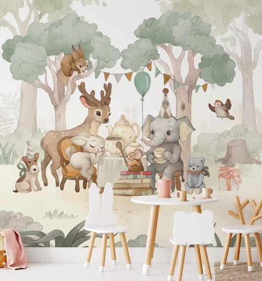 Birthday Party in the Forest Wallpaper For Kidsroom, Trees Wallpaper Nursery , Nature Childrens Wallpaper , Peel and Stick Baby Wallpaper