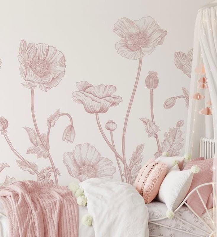 Pink Sketch Large Flowers Girl Wallpaper, Flower Garden Baby Girl Wallpaper, Art Wallpaper Nursery, Watercolor Wallpaper, Flowers Wallpaper