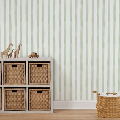 Child Room Green Striped Wallpaper, Watercolor Kid Mural, Watercolor brush Wallpaper Nursery, School  Wallpaper, Green Baby Room Wallpaper