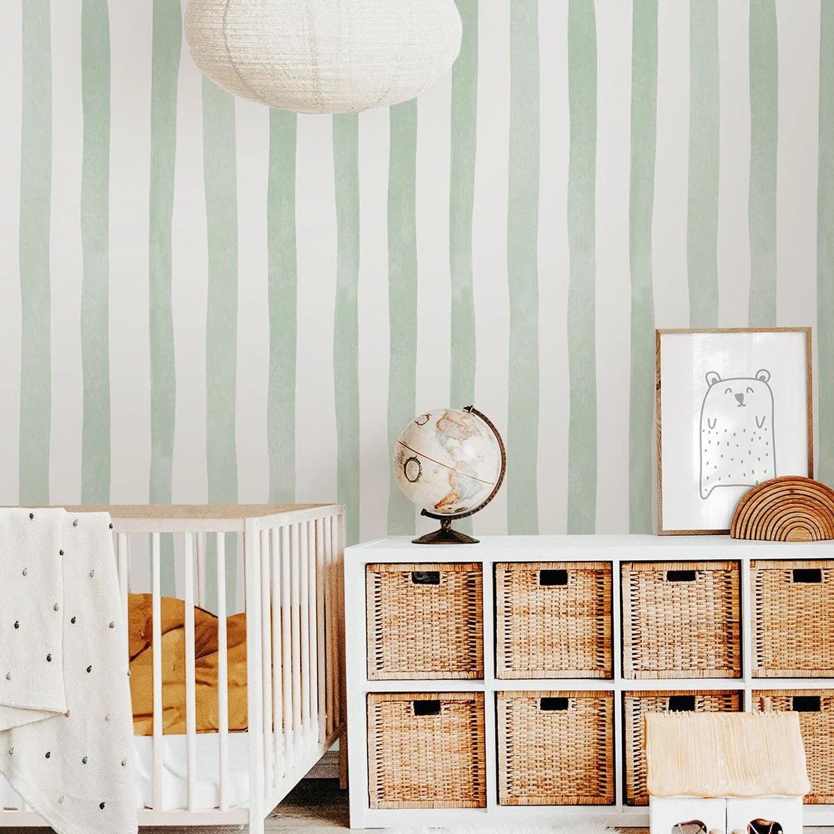 Child Room Green Striped Wallpaper, Watercolor Kid Mural, Watercolor brush Wallpaper Nursery, School  Wallpaper, Green Baby Room Wallpaper
