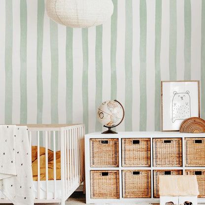 Child Room Green Striped Wallpaper, Watercolor Kid Mural, Watercolor brush Wallpaper Nursery, School  Wallpaper, Green Baby Room Wallpaper
