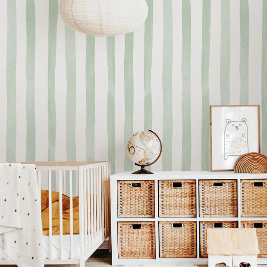 Child Room Green Striped Wallpaper, Watercolor Kid Mural, Watercolor brush Wallpaper Nursery, School  Wallpaper, Green Baby Room Wallpaper