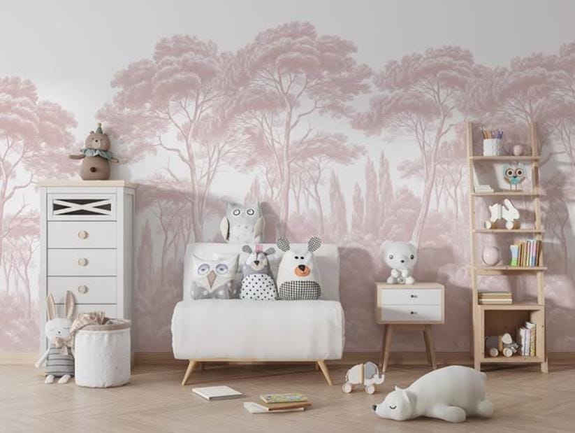 Pink Trees Girl Wallpaper, Pink Forest Baby Girl Wallpaper, Art Wallpaper Nursery, Watercolor Wallpaper, Nature Baby Room Wallpaper