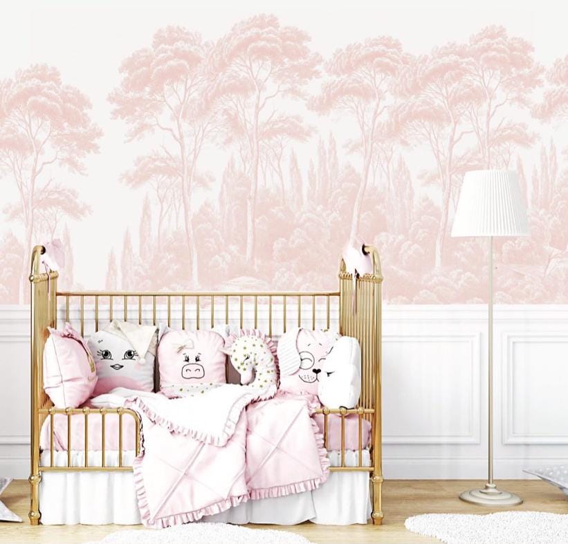 Pink Trees Girl Wallpaper, Pink Forest Baby Girl Wallpaper, Art Wallpaper Nursery, Watercolor Wallpaper, Nature Baby Room Wallpaper