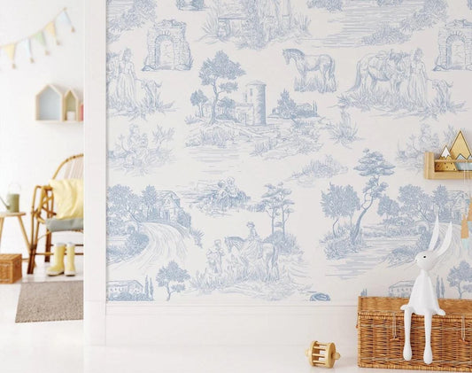 Blue Retro Pattern Wallpaper, Blue Old Town Wallpaper Nursery, Nature Wallpaper, Blue Child Wallpaper, Drawwing Art Wallpaper